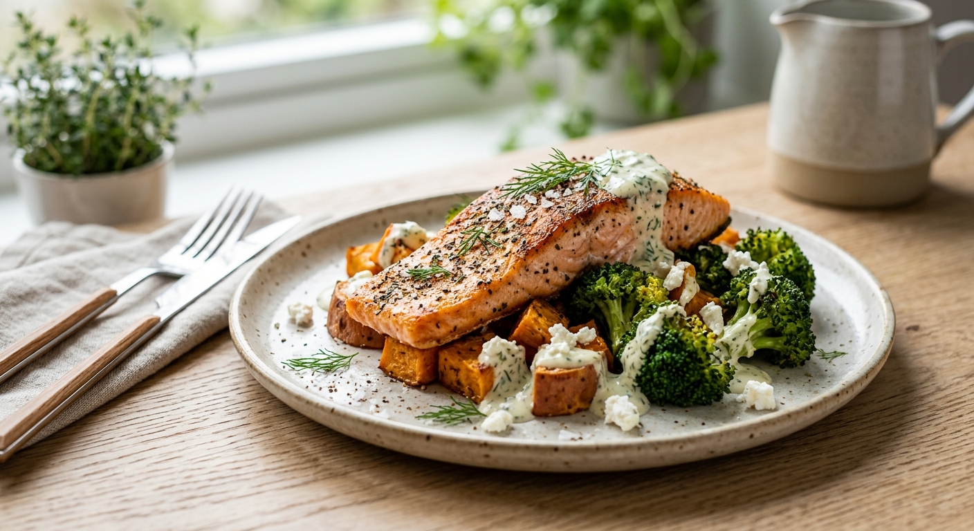 Saumon, patates douces rôties & brocoli