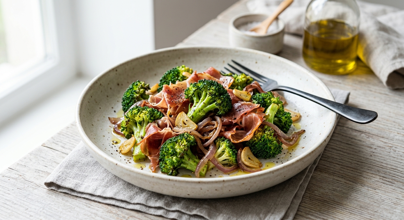 Sauté de brocolis au jambon cru et à l'ail
