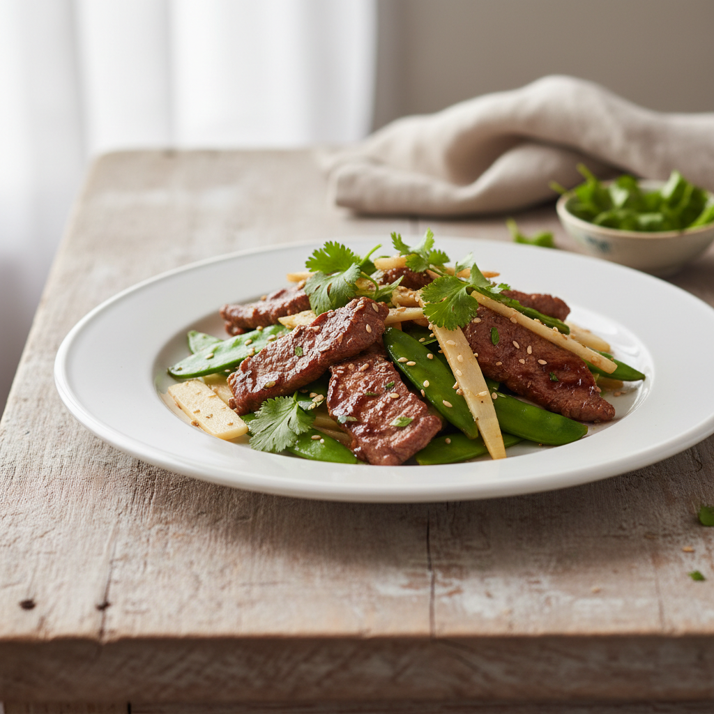 Sauté de boeuf mariné aux pousses de bambou et pois mange-tout