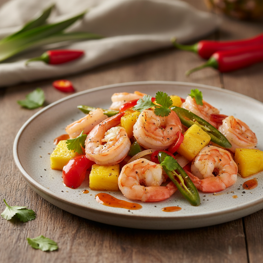 Sauté de crevettes ananas gros piments