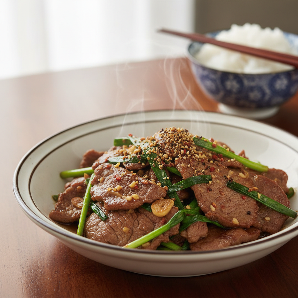 Sauté d'oignons verts et d'agneau à la sauce aux huîtres