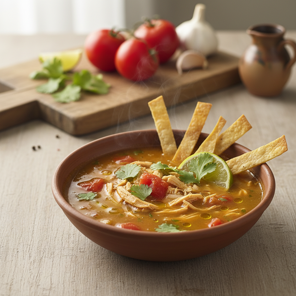 Soupe au poulet et tortillas frites