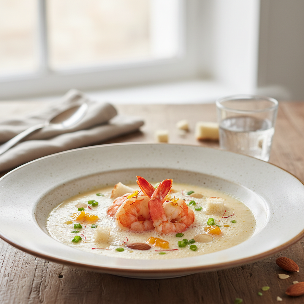 Soupe chic aux amandes, gambas et orange confite
