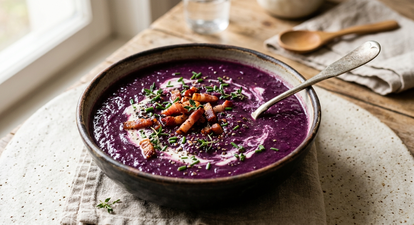 Soupe de chou rouge aux lardons fumés