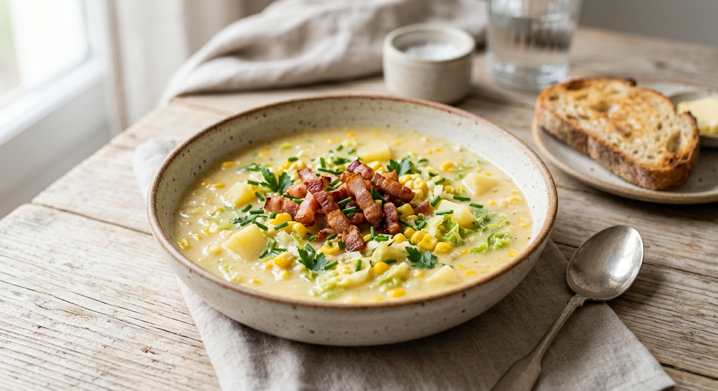 Soupe de maïs au bacon grillé