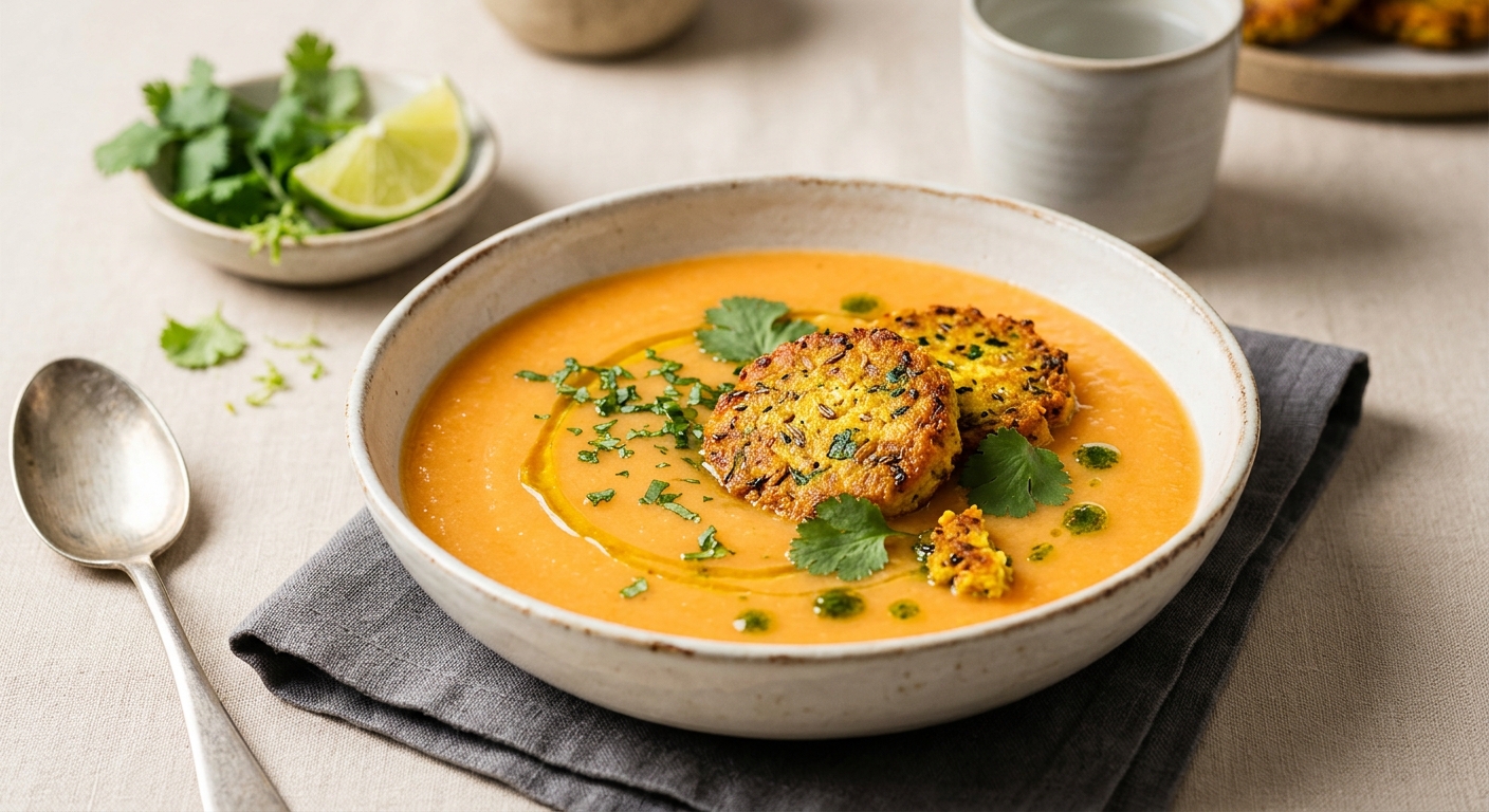 Soupe de melon glacée à la coriandre, topping galettes au tofu à l'indienne