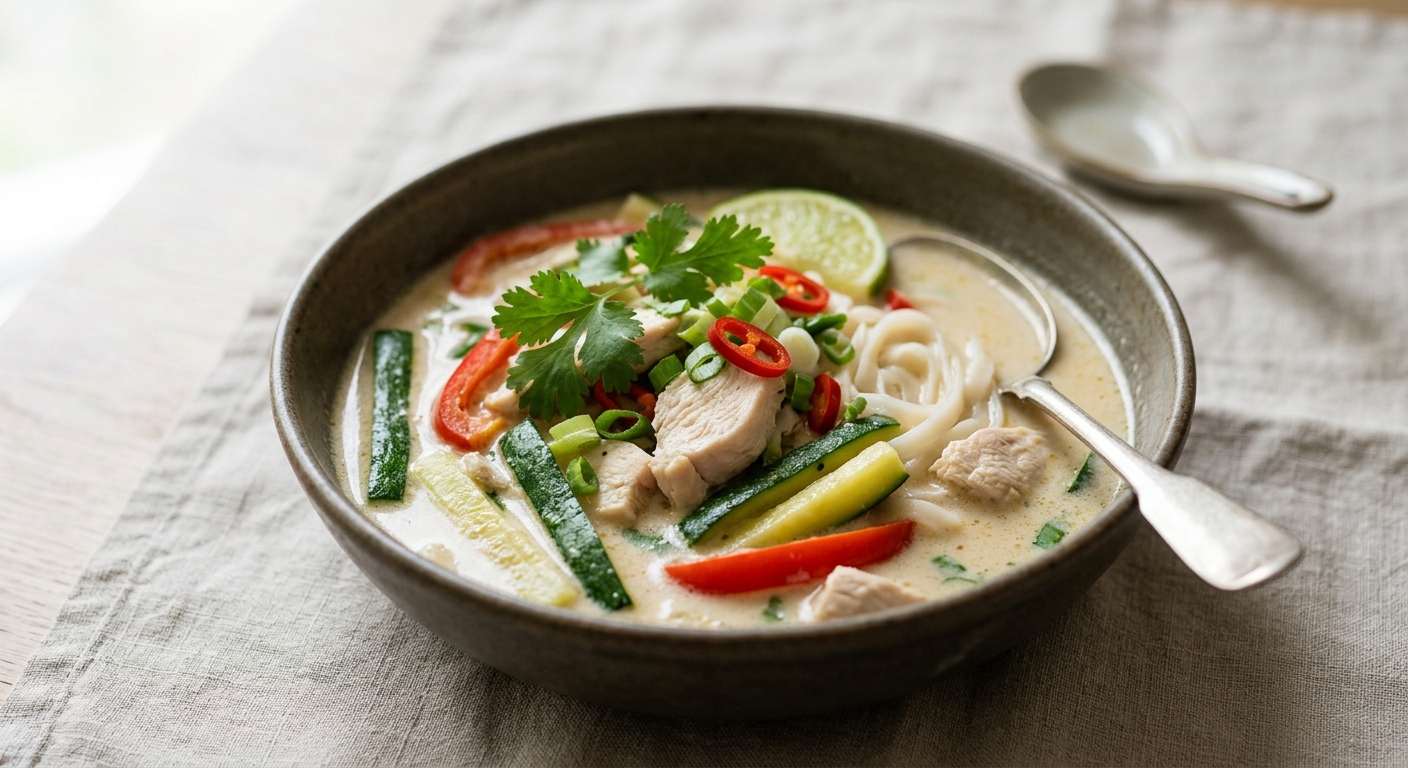 Soupe de nouilles au poulet, courgette, poivron et lait de coco