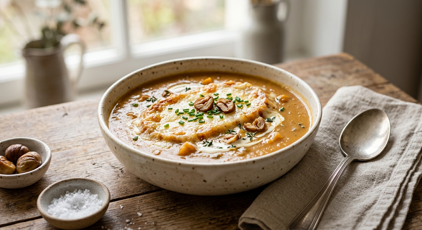 Soupe de potimarron et chataigne gratinée au comté