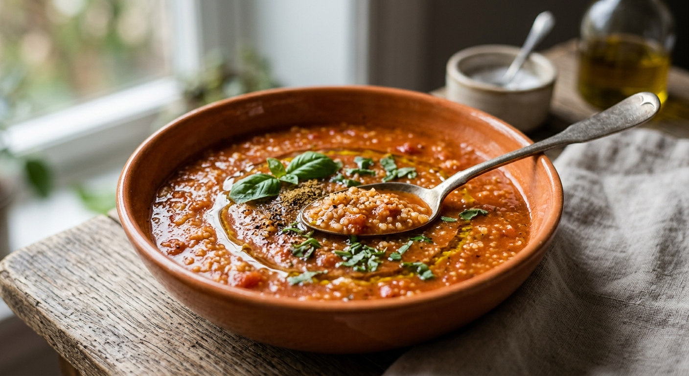 Soupe de semoule à la tomate et au basilic
