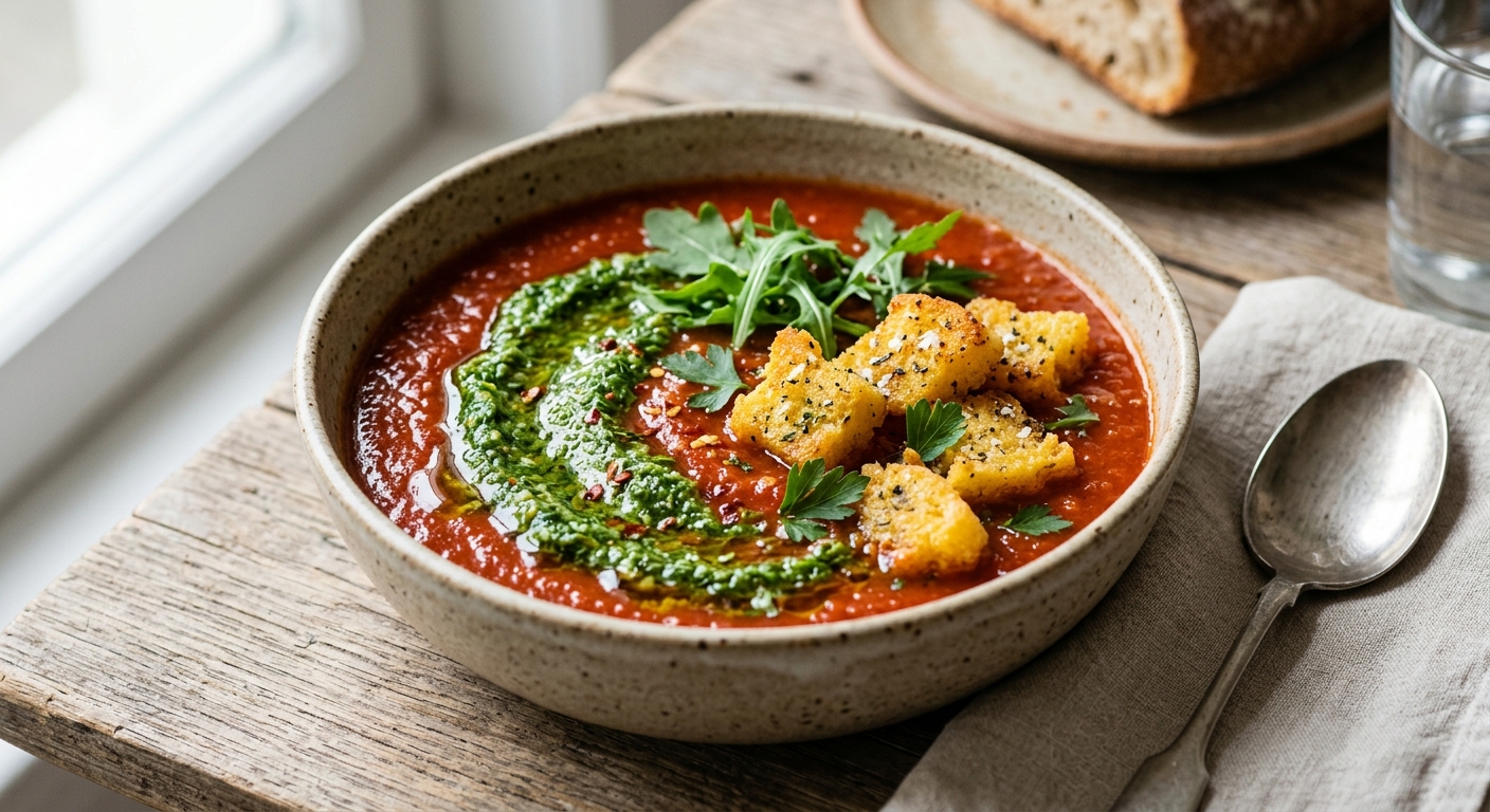 Soupe de tomates au pesto de roquette et persil, croutons de polenta