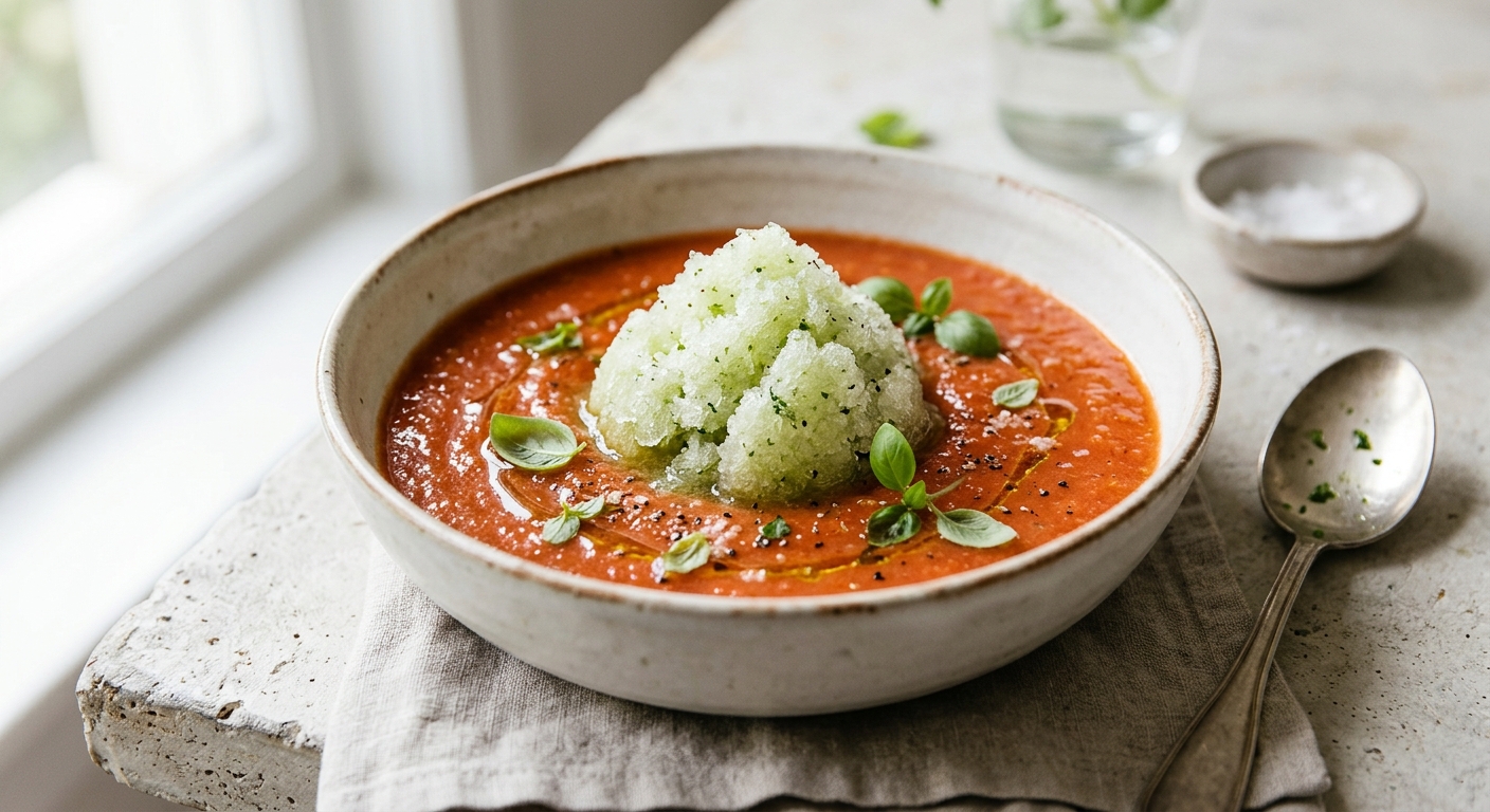Soupe glacée de tomate au granité de basilic