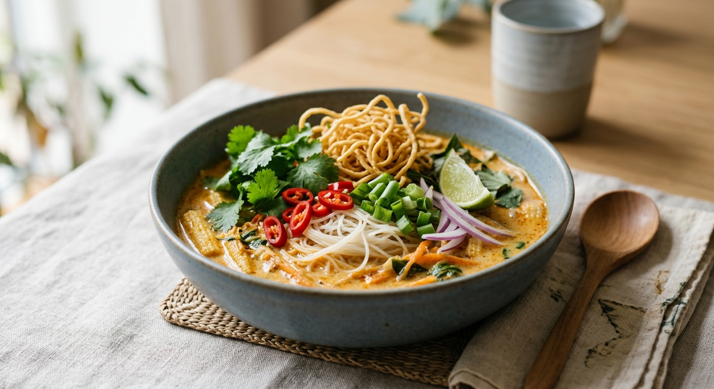 Soupe Khao Soi aux vermicelles de riz et légumes - recette thaïlandaise