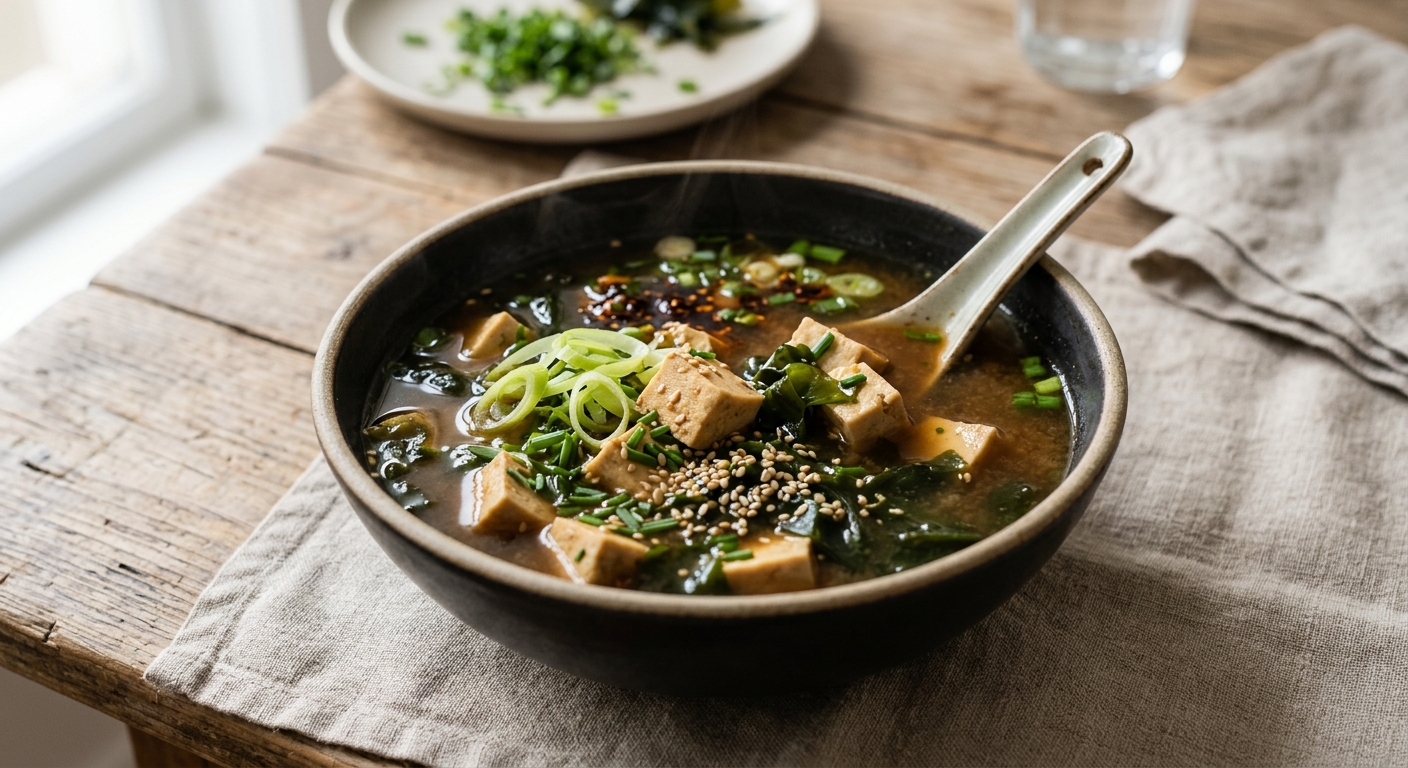 Soupe miso au tofu mariné