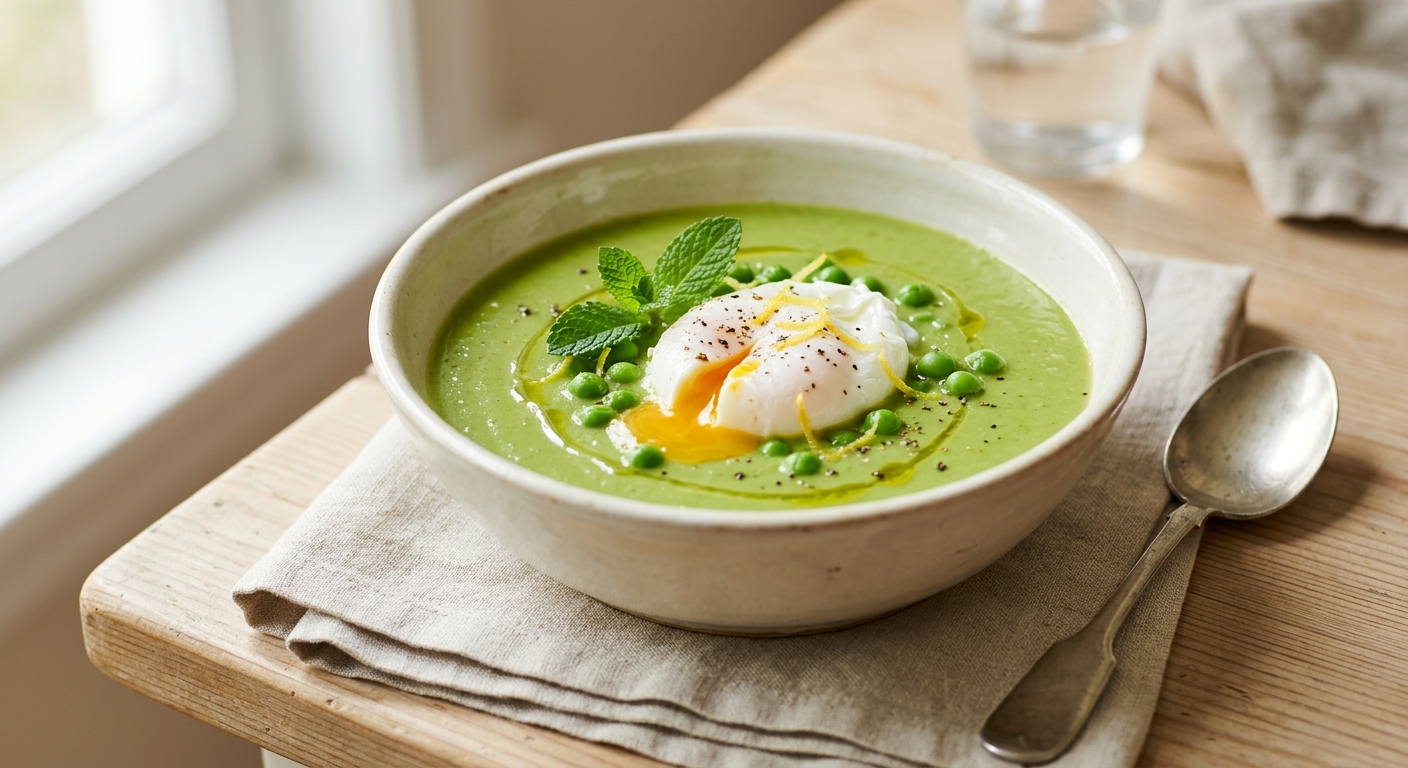 Soupe printanière aux petits pois et oeuf poché
