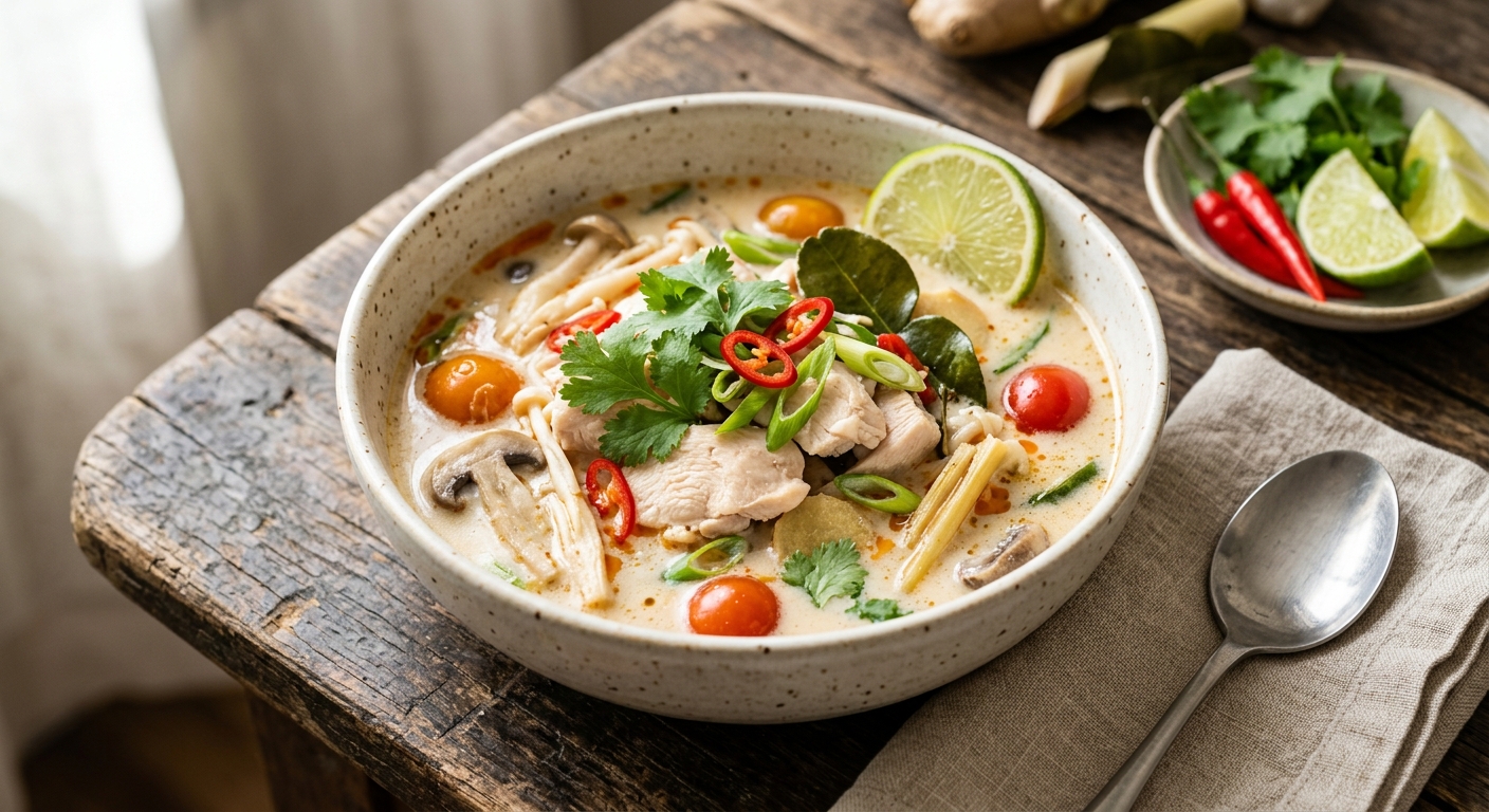 Soupe thaï de poulet au lait de coco (Tom kha kai)