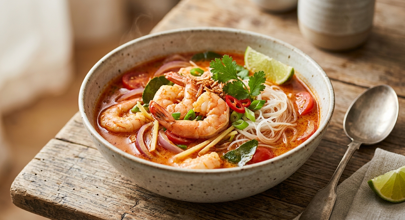 Soupe thaï piquante aux crevettes au curry rouge
