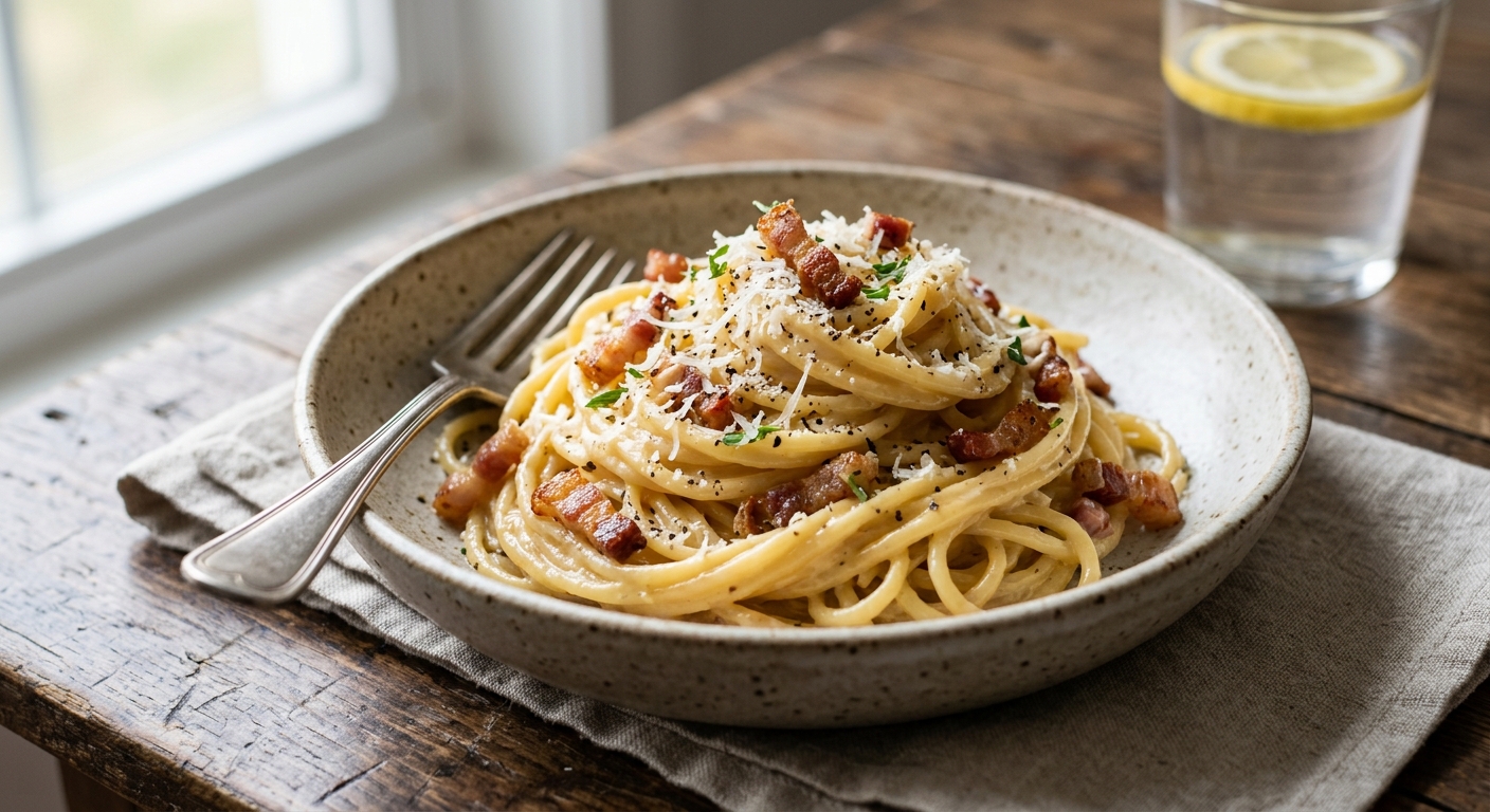 Spaghetti à la carbonara au guanciale et à la pancetta