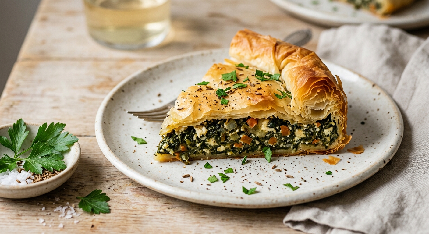 Spanakopita : tourte feuilletée grecque à la pâte filo roulée, épinards et feta