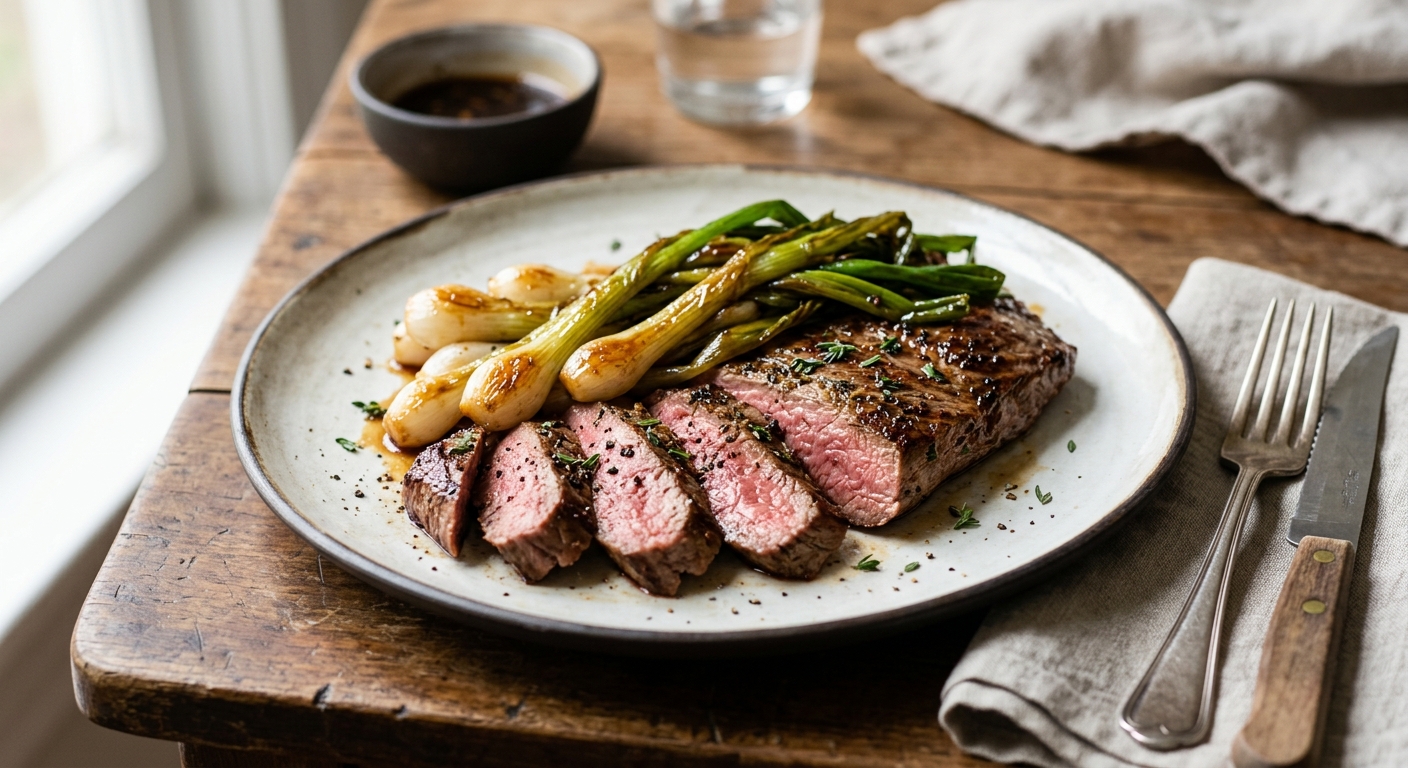 Steak aux oignons nouveaux caramélisés