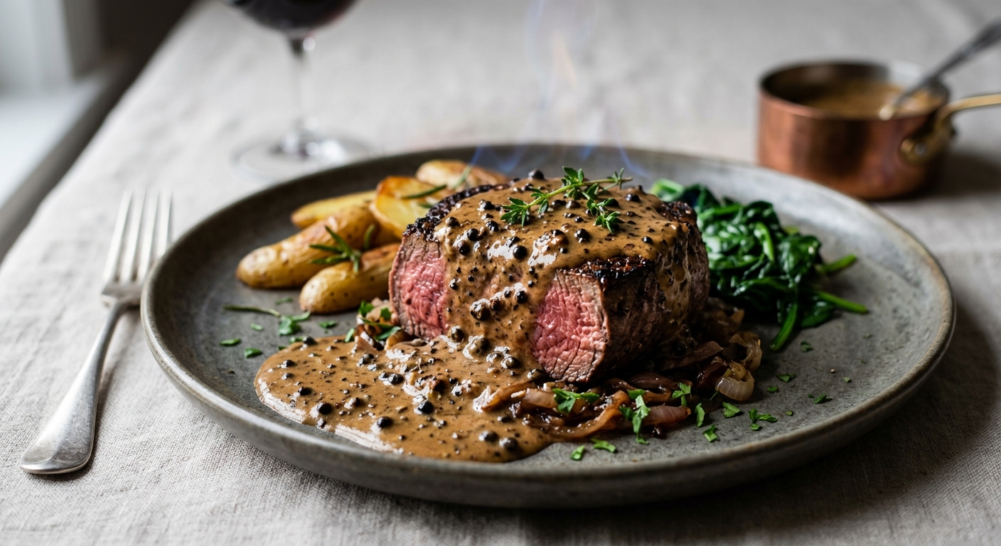 Steak flambés au poivre