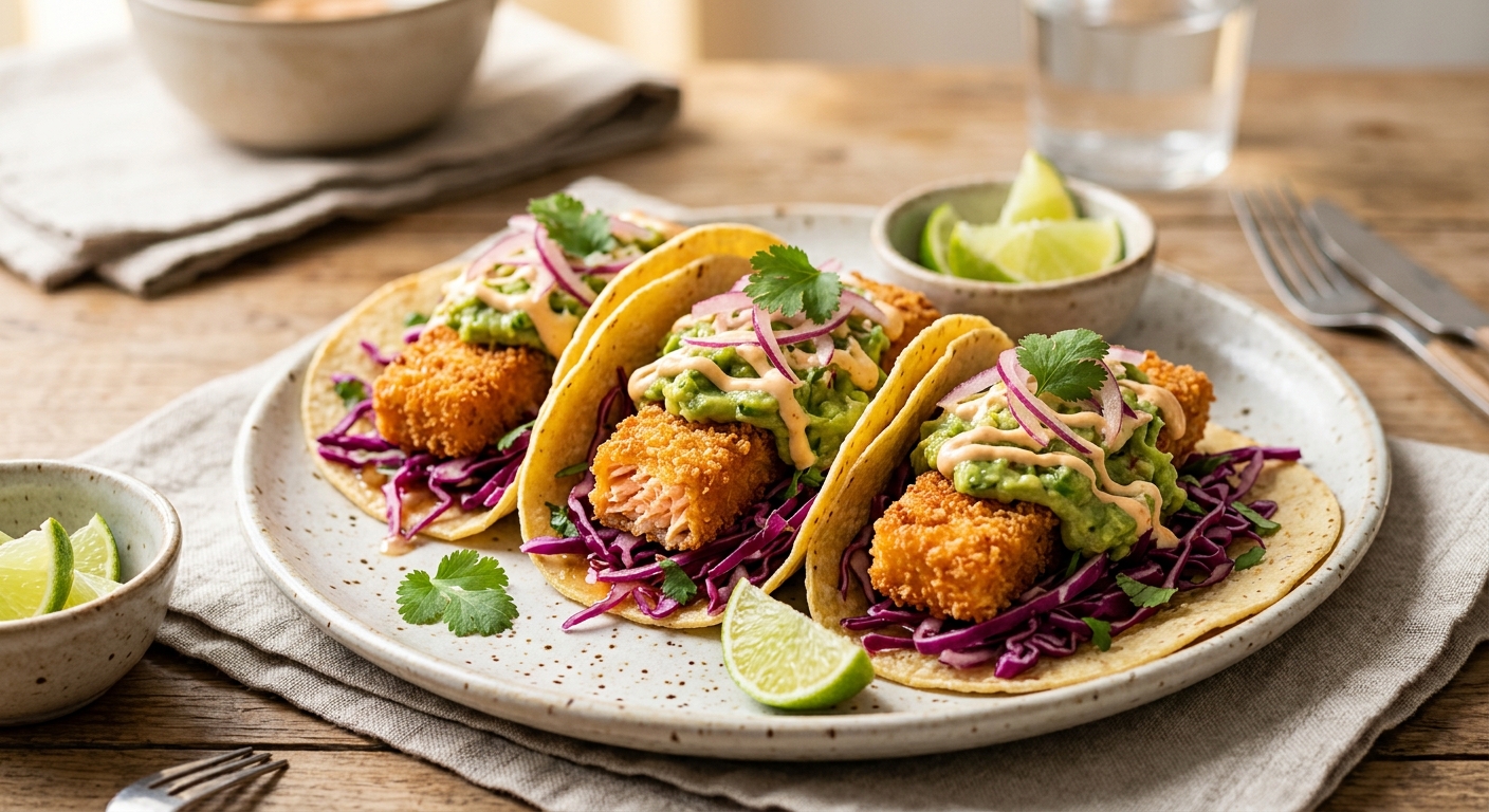 Tacos au saumon pané, chou rouge et avocats
