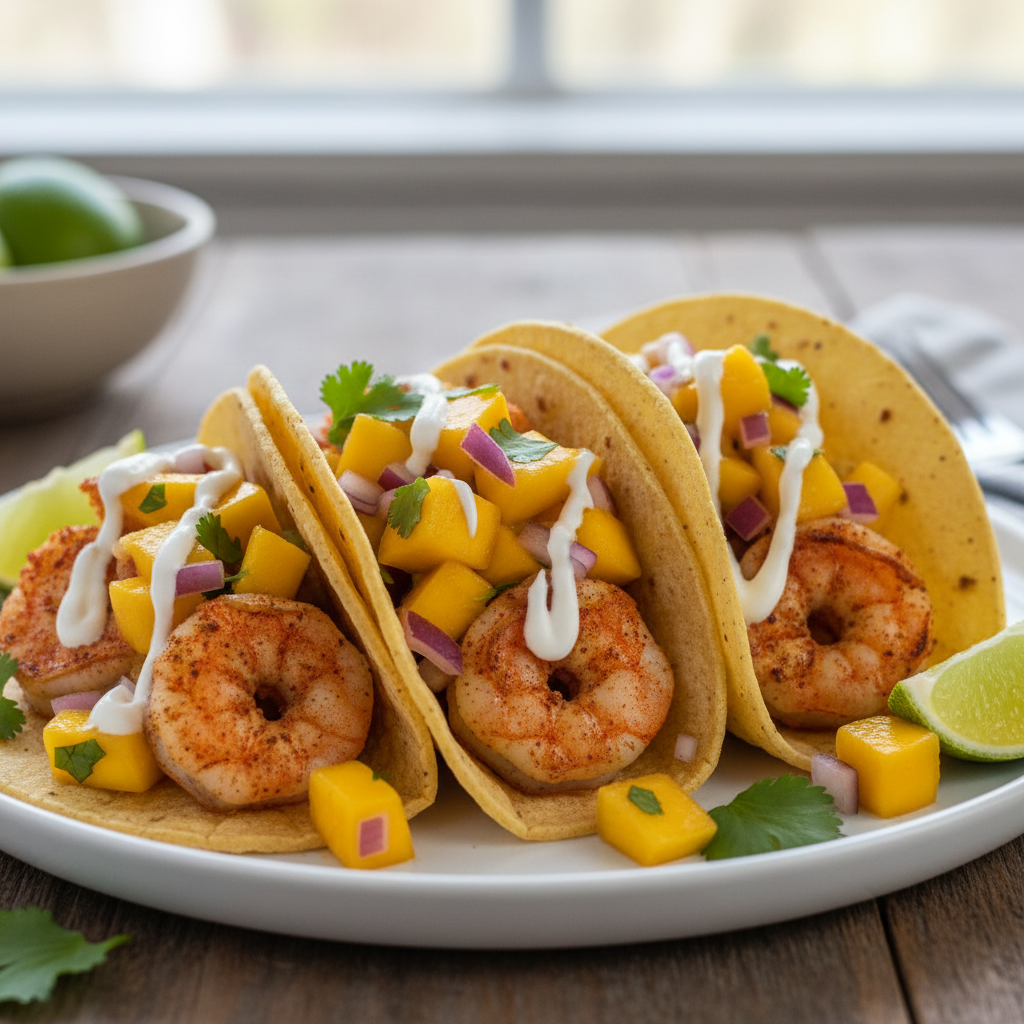 Tacos de crevettes et salsa de mangue
