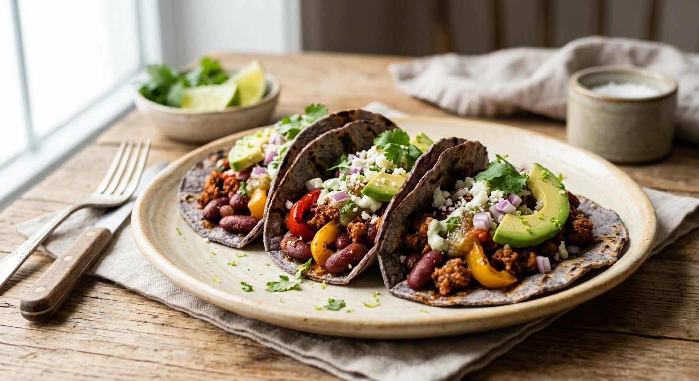 Tacos de haricots rouges, poivrons grillés et chorizo fort