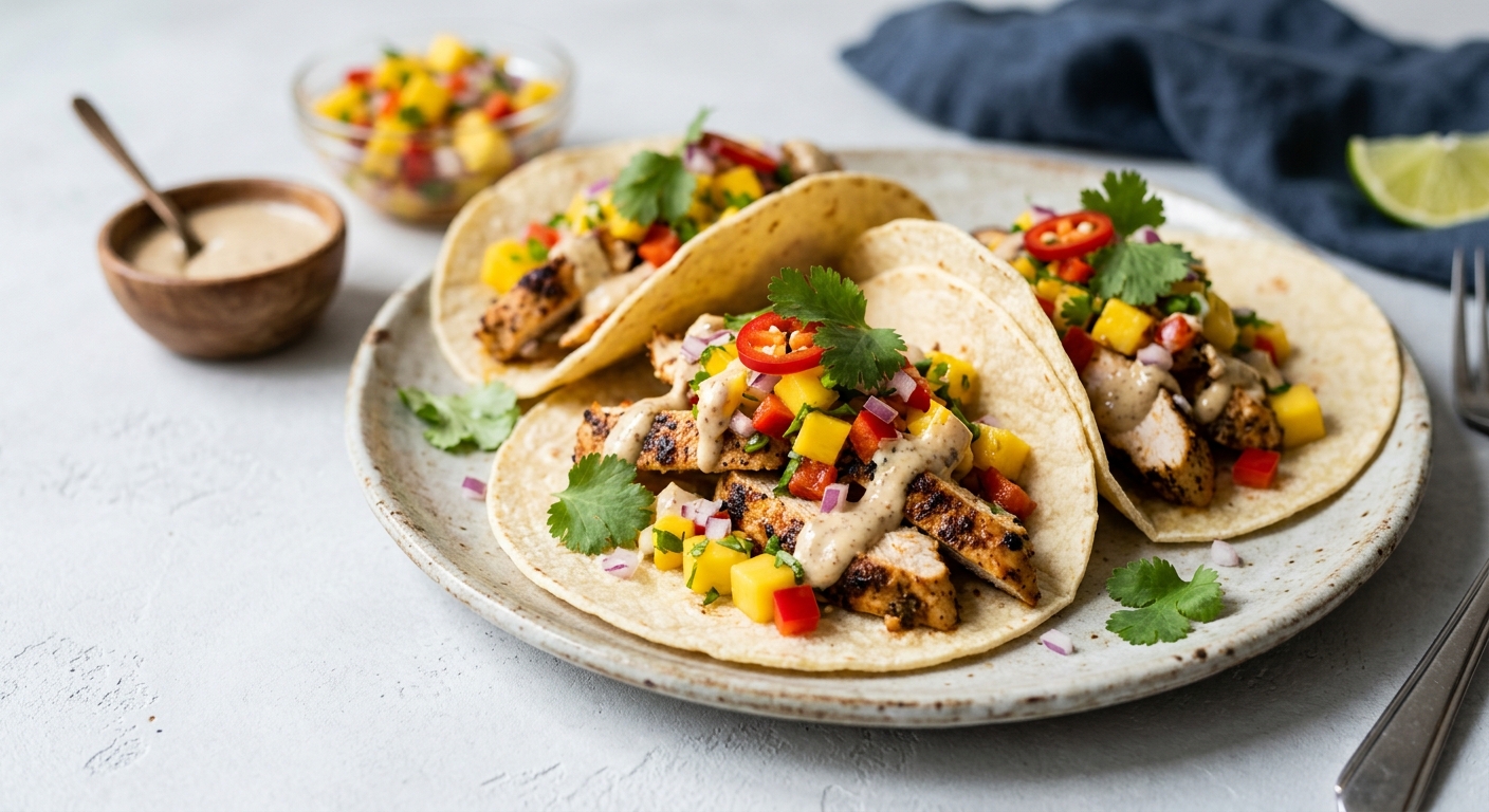 Tacos de poulet, salsa de mangue et moutarde aux noix