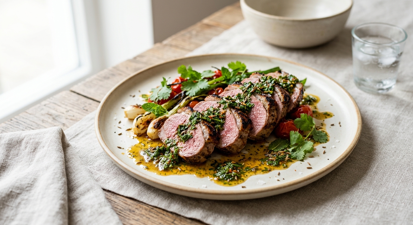 Tagliata d'agneau, chermoula à l'huile aux épices orientales