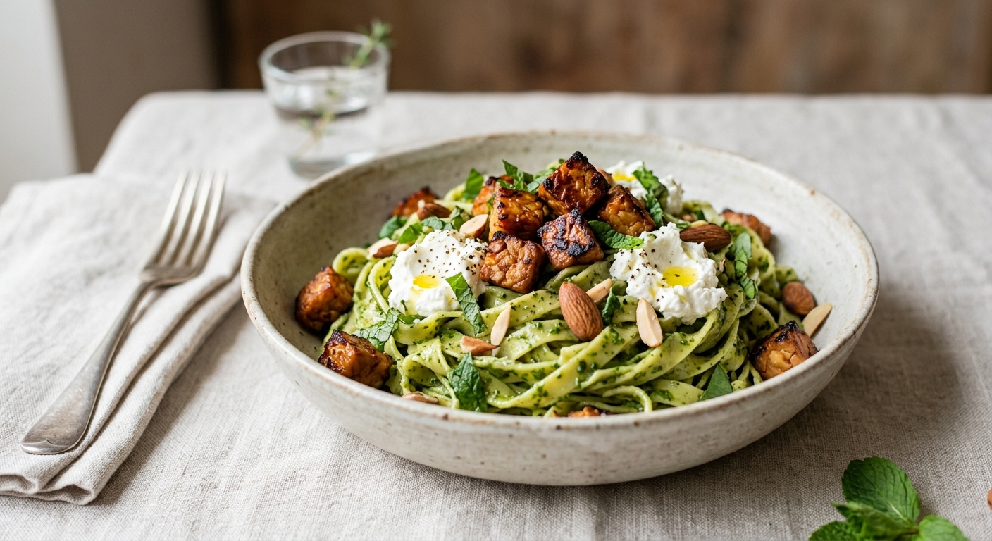 Tagliatelles au tempeh grillé, sauce oseille menthe et chèvre frais