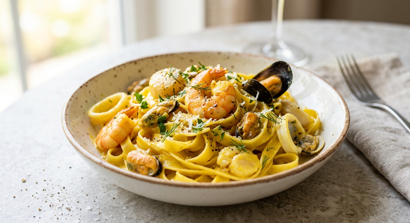 Tagliatelles aux fruits de mer et crème safranée