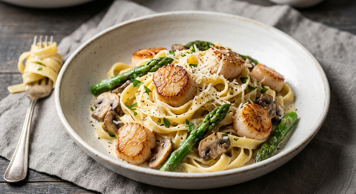 Tagliatelles aux noix de Saint-jacques, champignons et pointes d'asperges