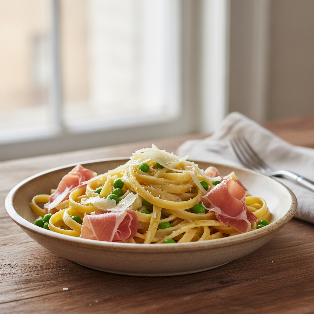 Tagliatelles aux petits pois et au jambon