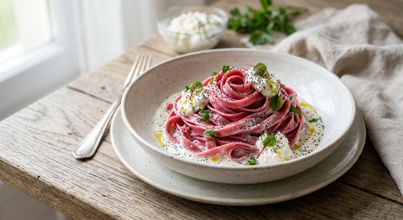 Tagliatelles fraîches maison betterave ricotta et pavot - Pâtes fraîches