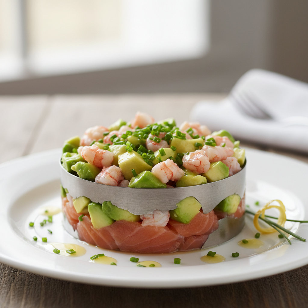Tartare d’avocat, crevettes & saumon fumé