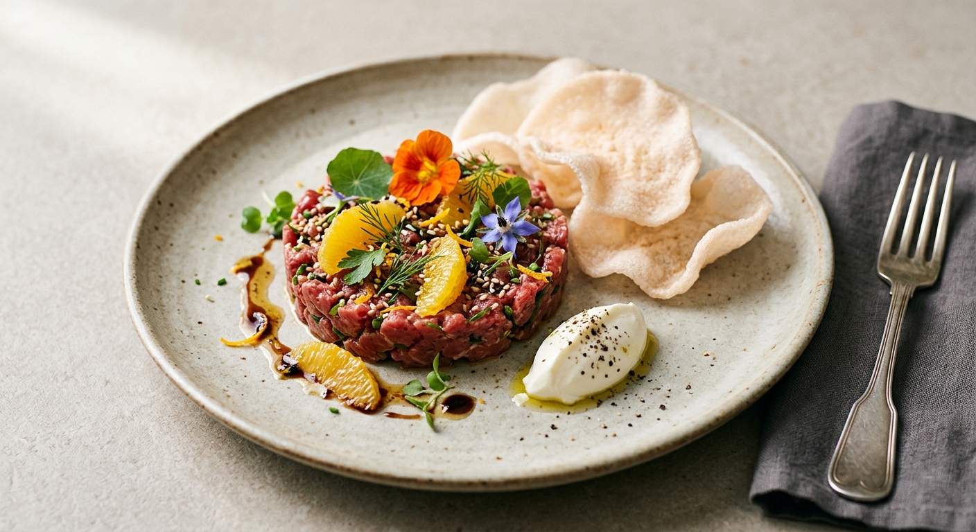 Tartare de boeuf aux agrumes, algues et chips de crevette