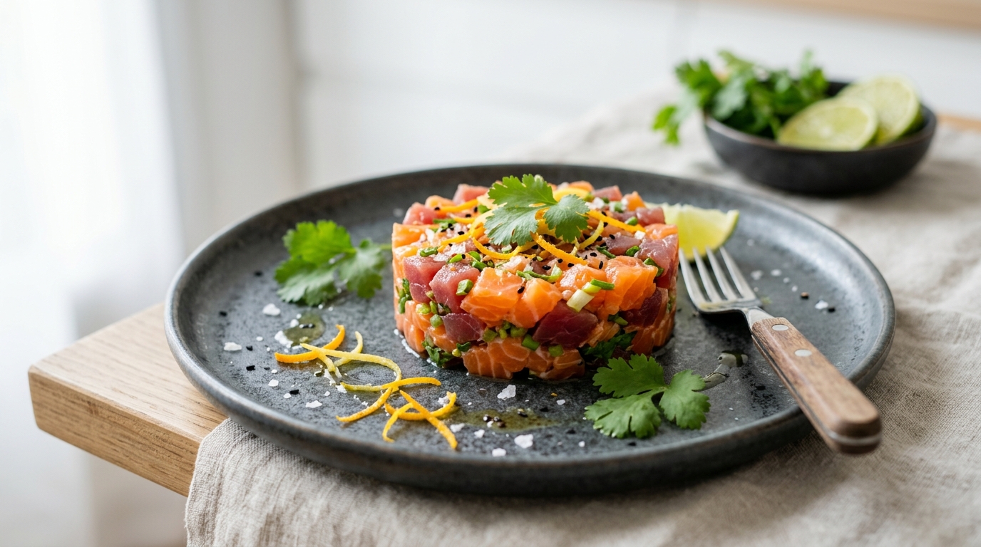 Tartare de saumon et de thon à la coriandre et aux zestes d'agrumes, huile au gingembre