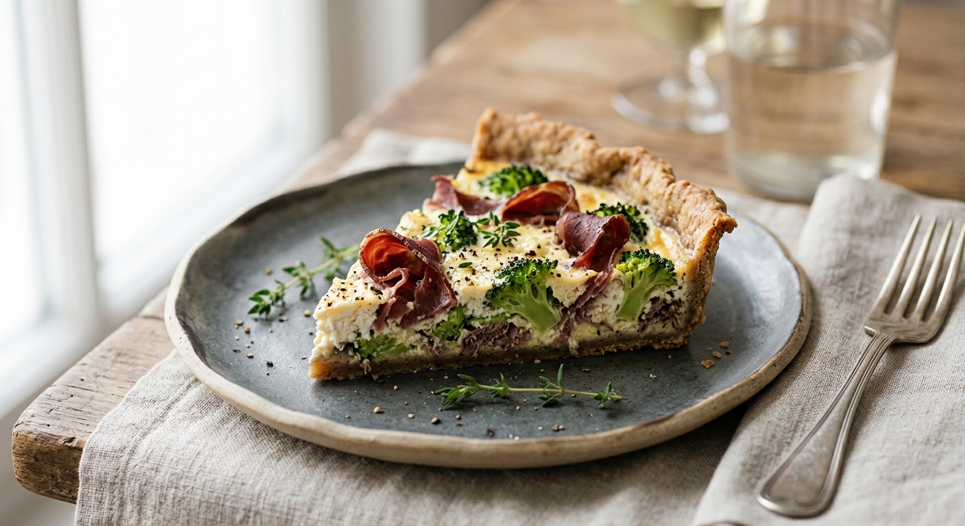 Tarte au chèvre frais, viande des Grisons et brocolis