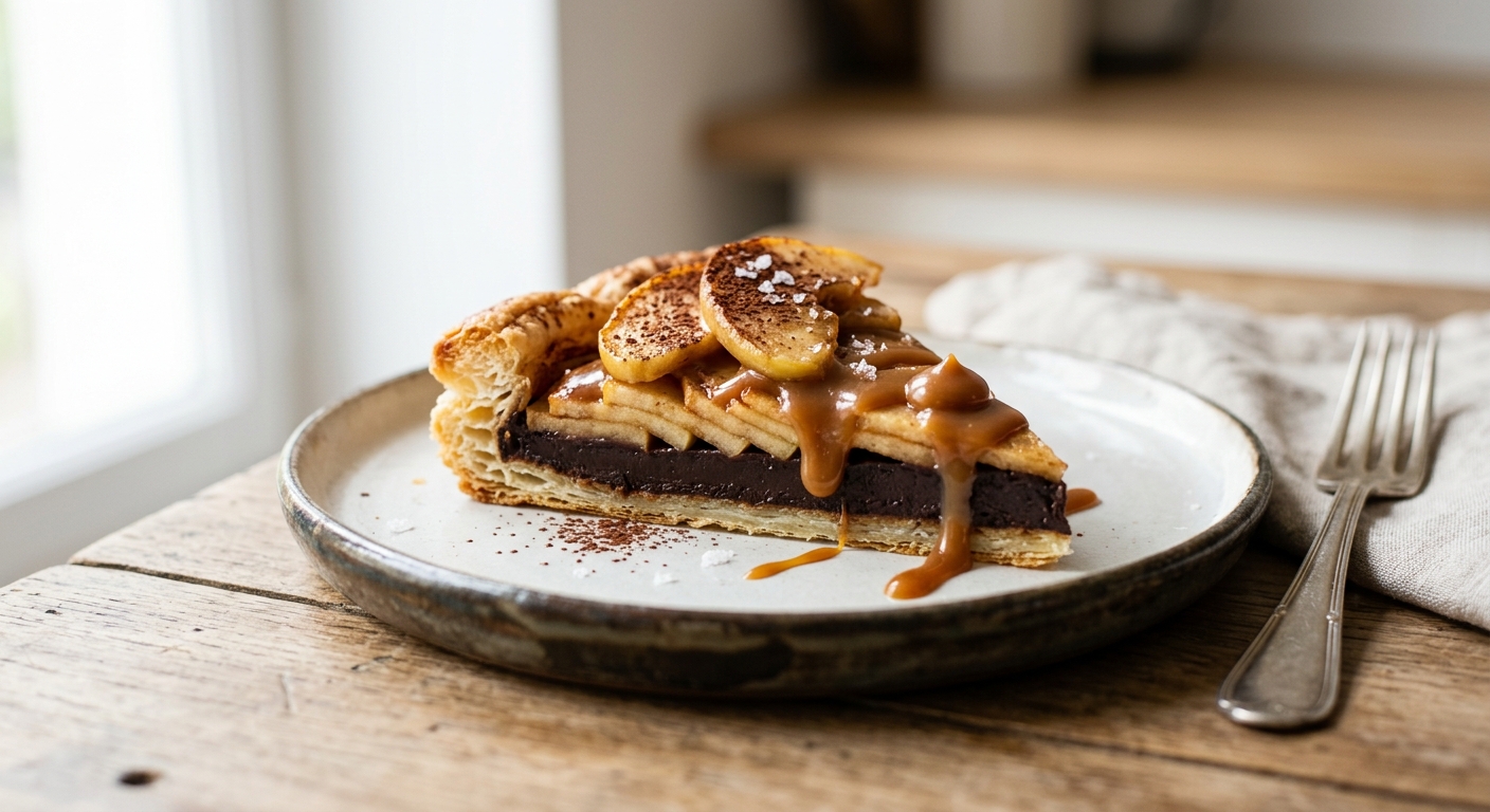 Tarte aux pommes, chocolat et caramel au beurre salé
