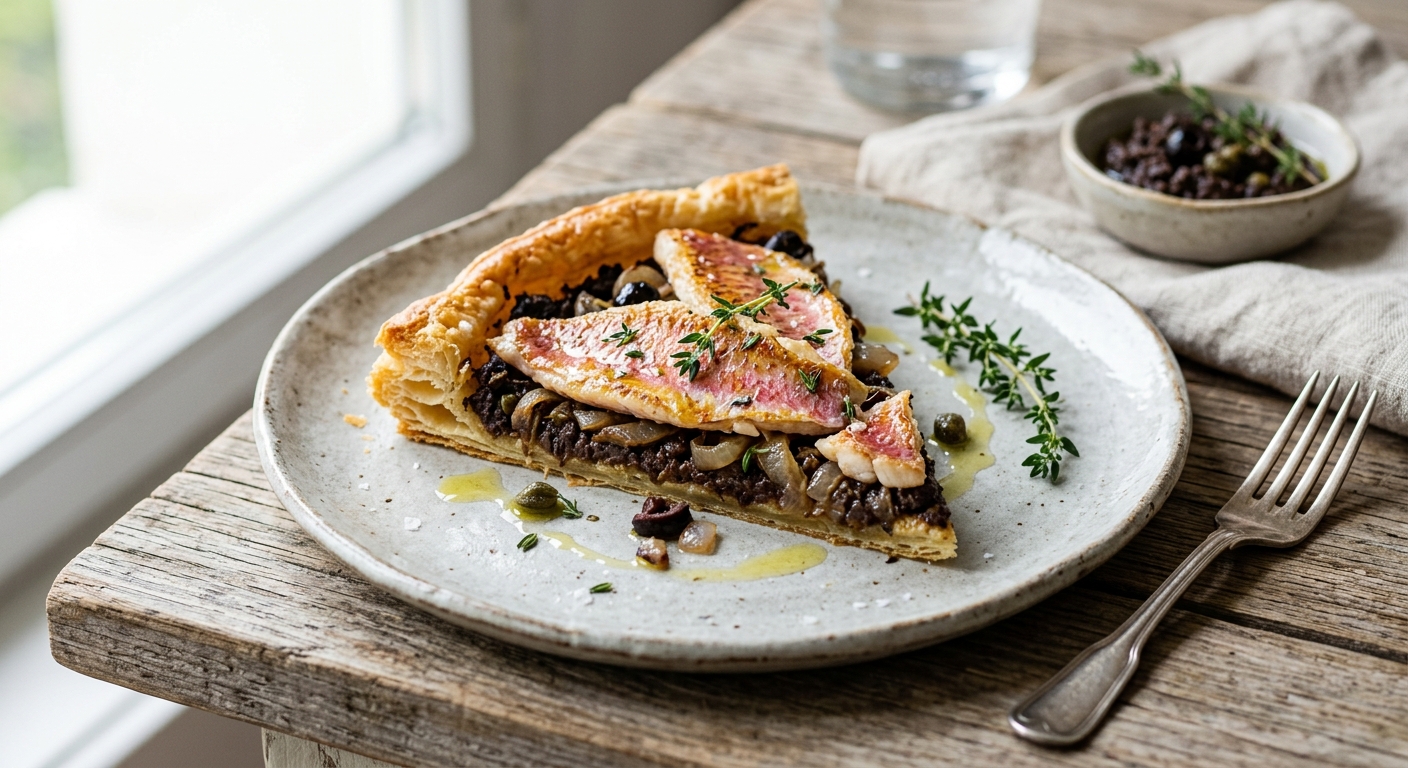 Tarte aux rougets et à la tapenade d'olives noires