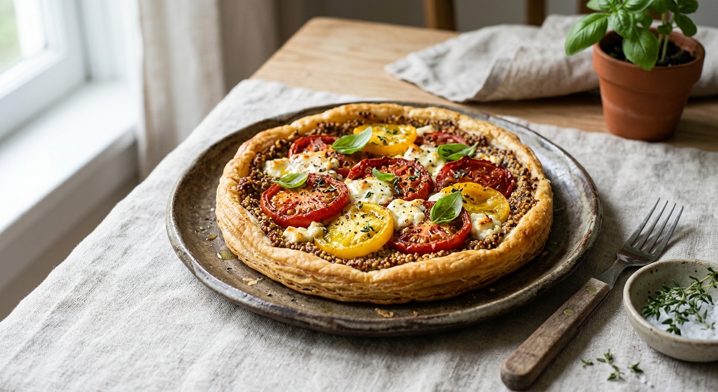 Tarte aux tomates, fromage de chèvre fermier et moutarde à l'ancienne