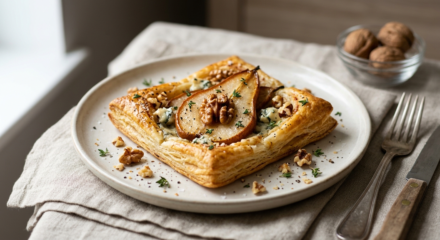 Tarte poire, roquefort et noix