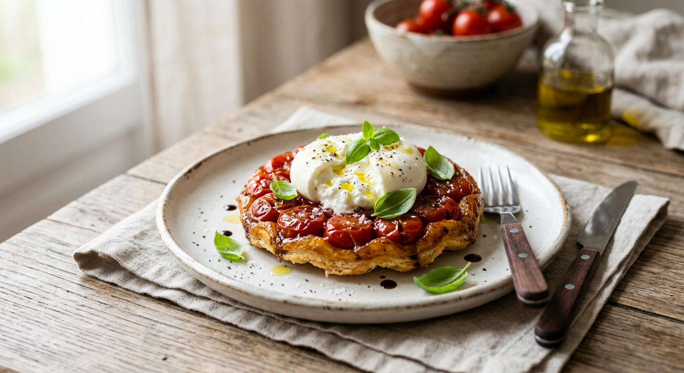 Tarte tatin de tomates, burrata et basilic