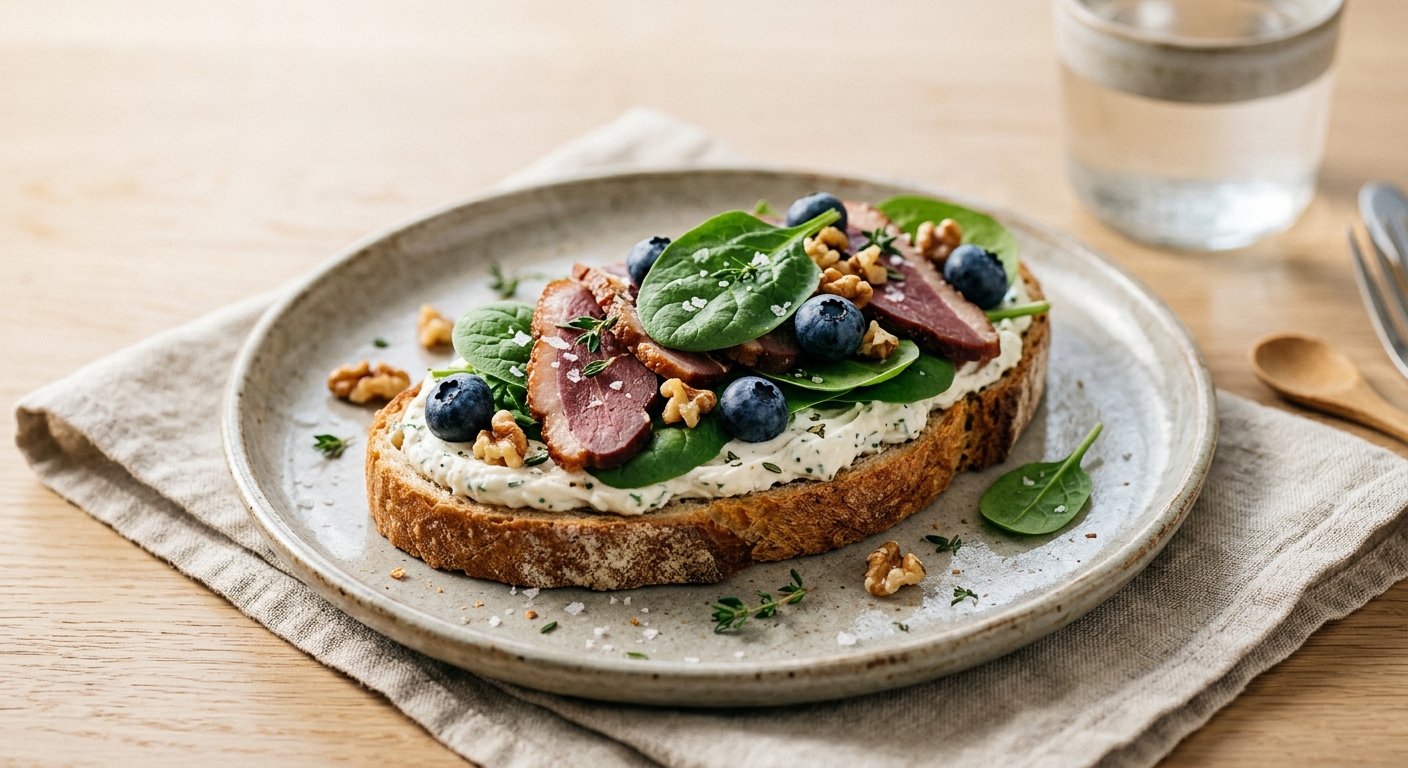 Tartine de Boursin® Onctueux Ail & Fines herbes au magret fumé, épinard et myrtilles