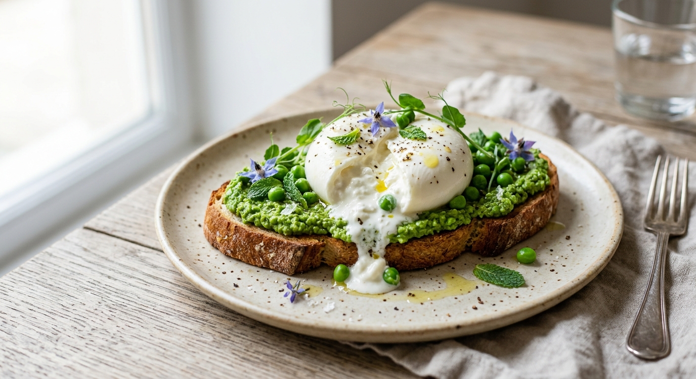 Tartine printanière de pesto de petits pois et burrata crémeuse