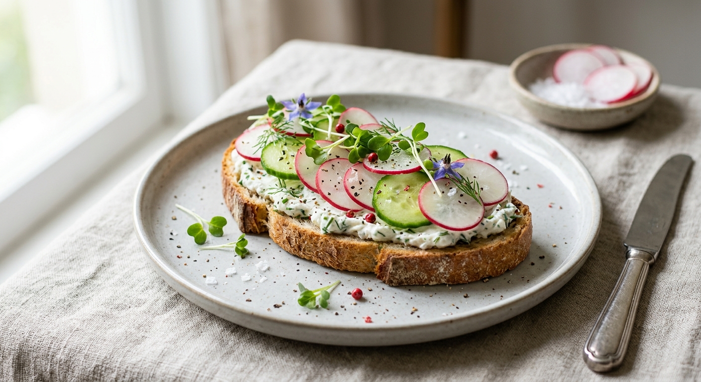 Tartine végétarienne aux radis, concombres et fromage frais