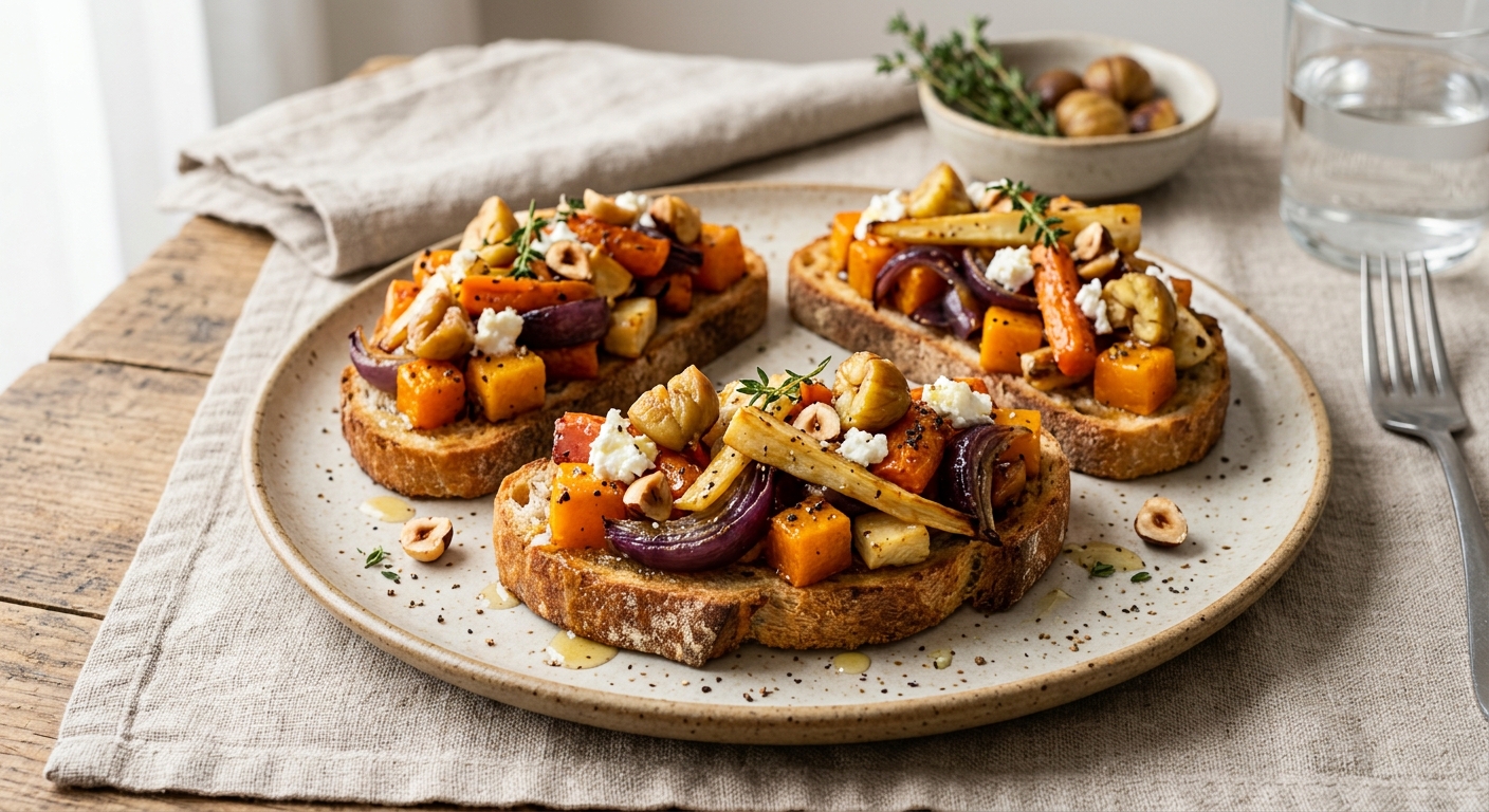 Tartines aux légumes rôtis au miel et aux éclats de châtaigne