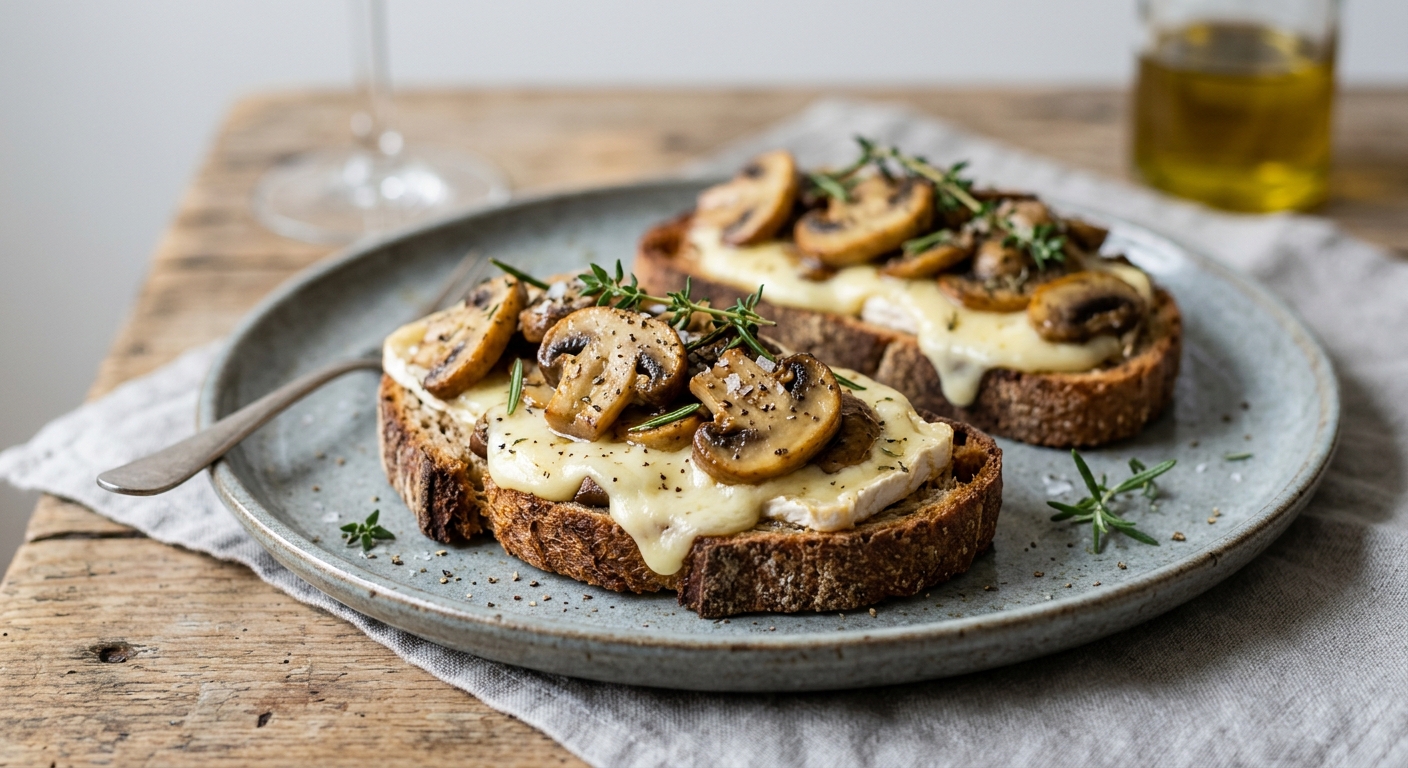Tartines de pain croustillant aux champignons et chaource