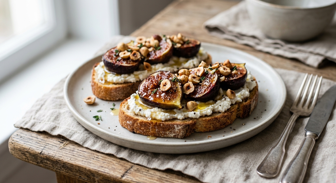 Tartines figues rôties, ricotta et noisettes concassées