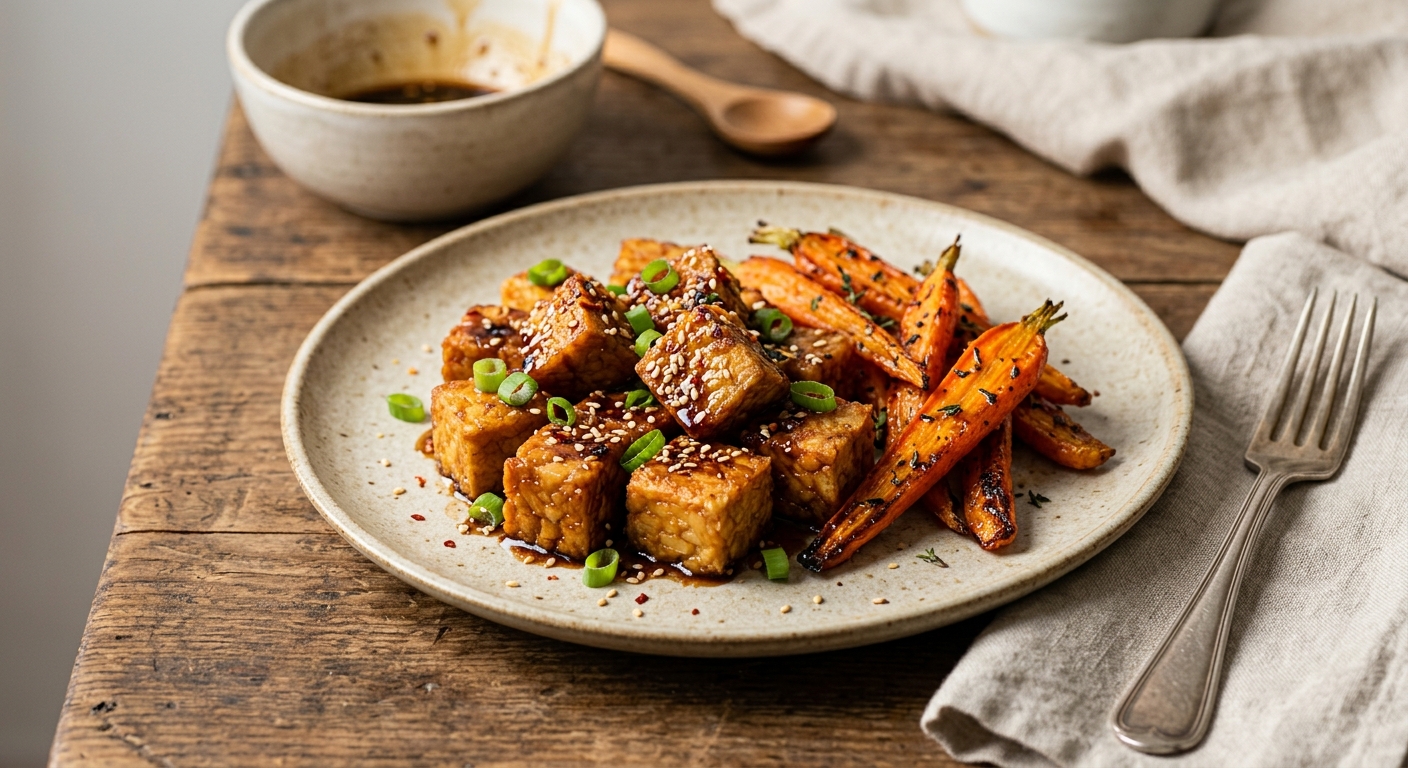 Tempeh croustillant à l'ail noir et carottes au four